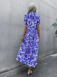 SHEIN LUNE All Over Print Notched Neck Ruffle Hem  Puff Sleeve Dress - Blue and White - View 2