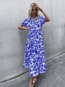 SHEIN LUNE All Over Print Notched Neck Ruffle Hem  Puff Sleeve Dress - Blue and White - View 6