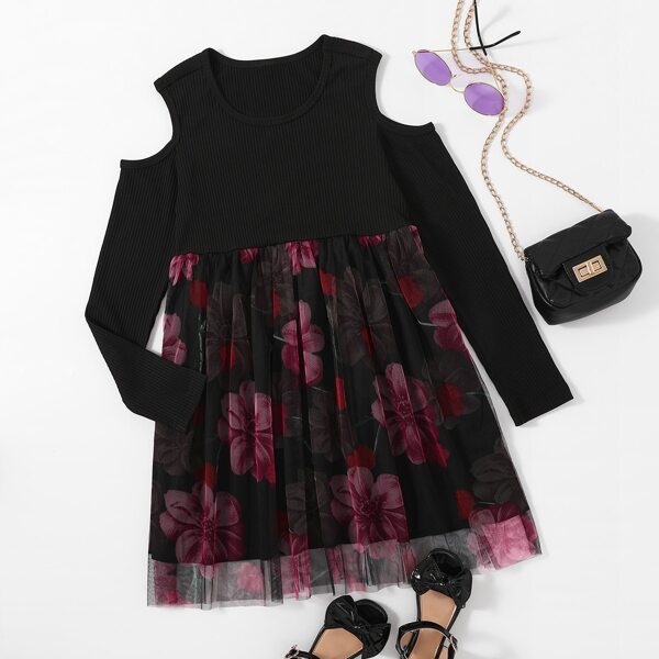 

Girls Cold Shoulder Floral Print Smock Dress, Multicolor