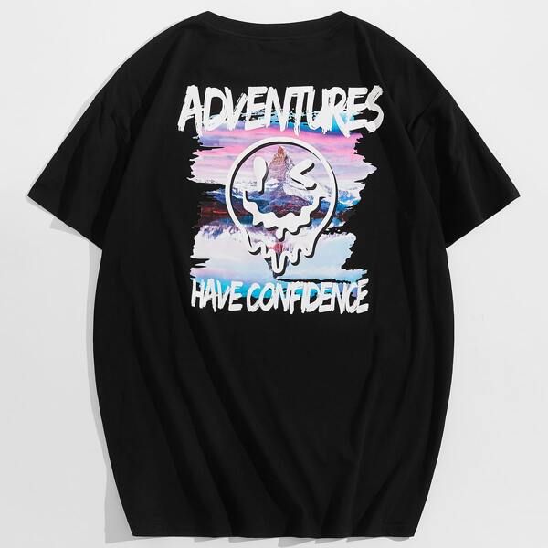 

Men Letter & Scenery Print Tee, Black
