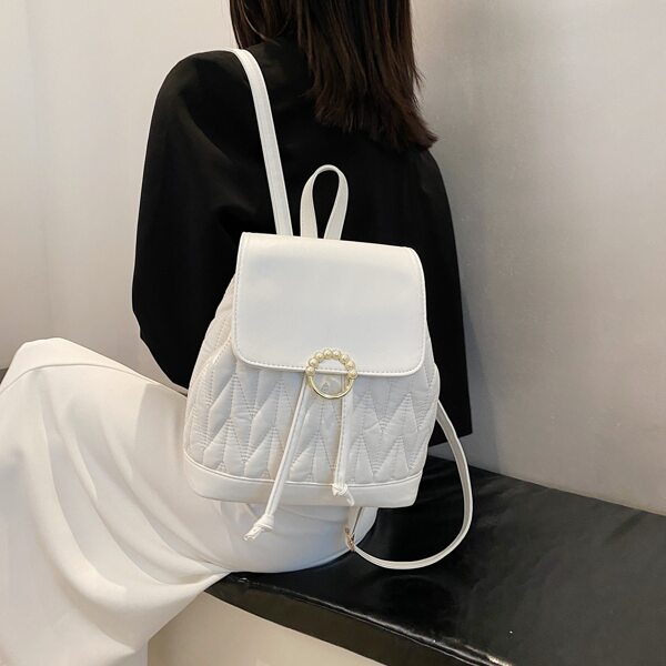 

Minimalist Pearls Decor Quilted Flap Backpack, White
