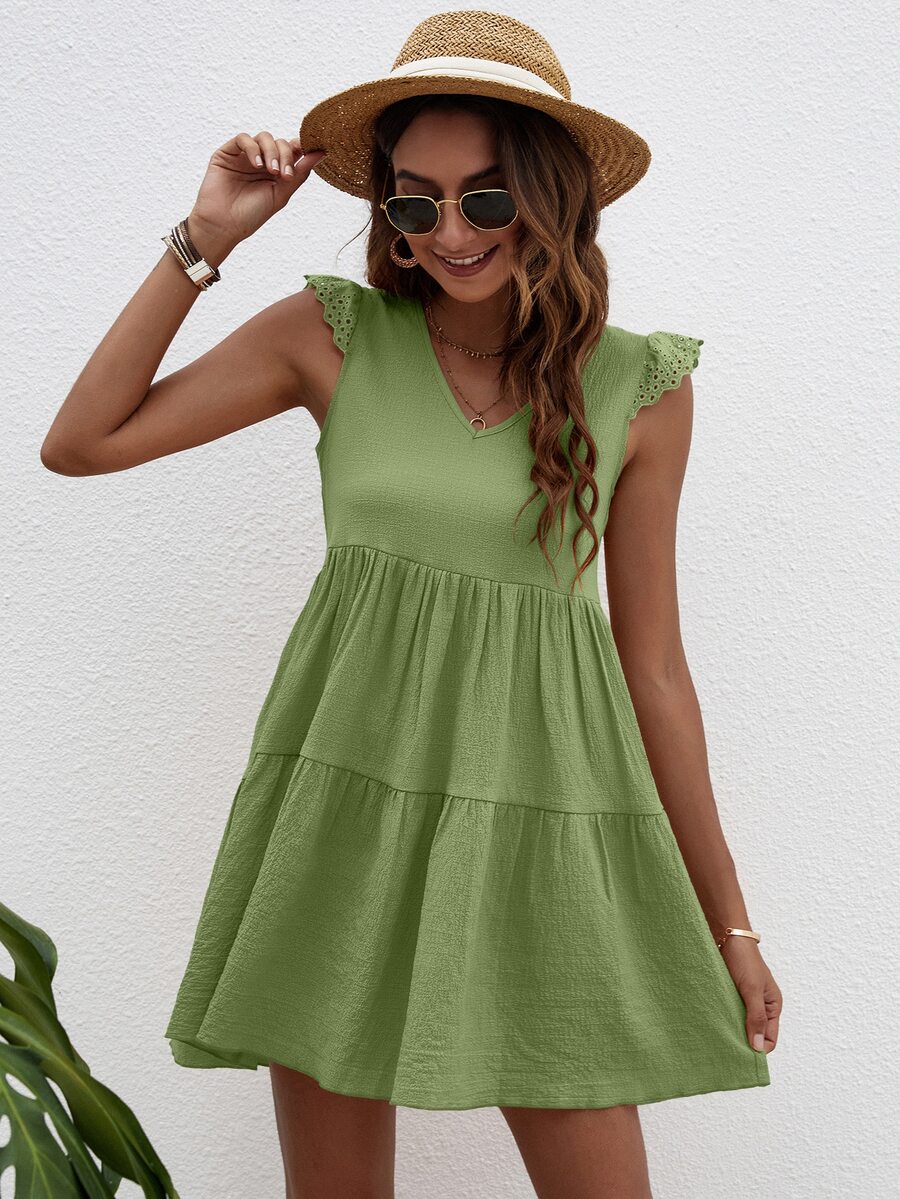 Schiffy Ruffle Trim Smock Dress - Lime Green - View 1