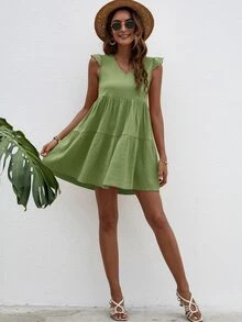 Schiffy Ruffle Trim Smock Dress - Lime Green - View 3