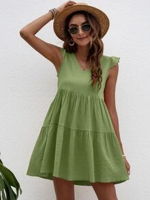 Schiffy Ruffle Trim Smock Dress - Lime Green - View 4