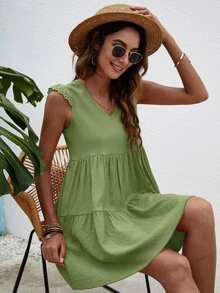 Schiffy Ruffle Trim Smock Dress - Lime Green - View 5