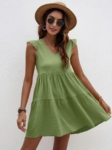 Schiffy Ruffle Trim Smock Dress - Lime Green - View 6