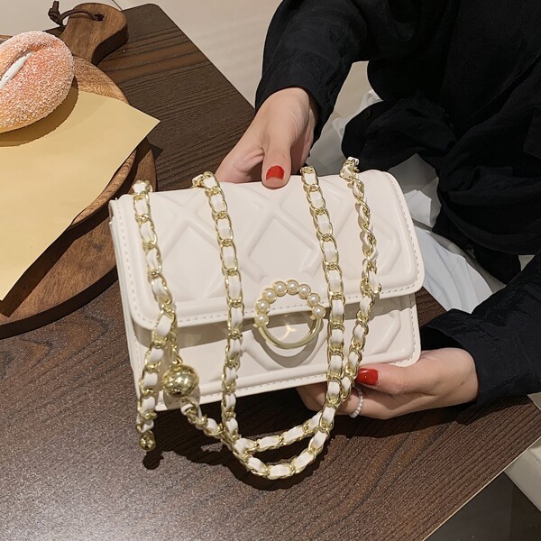 

Textured Flap Shoulder Bag, White