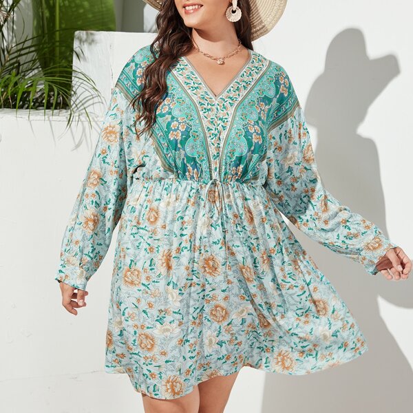 

Plus Floral Print Knot Front A-line Dress, Green