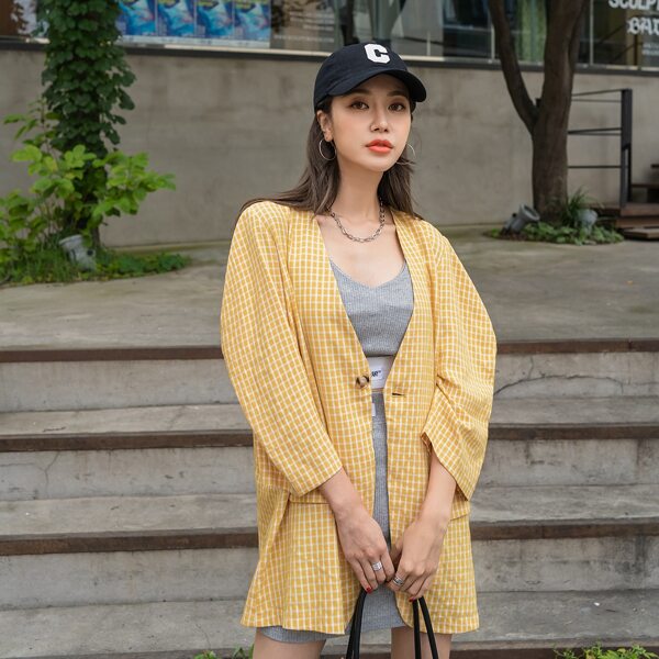 

Single Button Plaid Print Blouse, Yellow