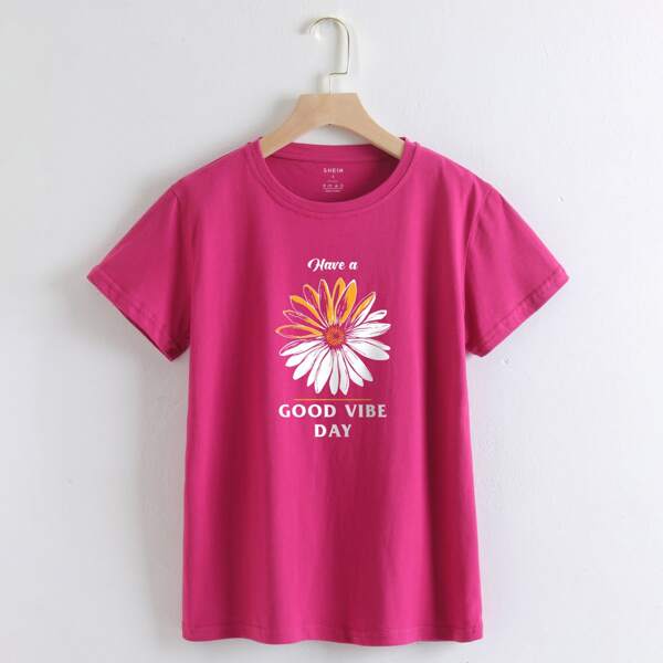 

Daisy Floral & Slogan Graphic Tee, Red violet