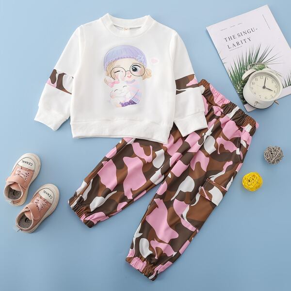 

Toddler Girls Cartoon And Camo Print Sweatshirt & Flap Pocket Cargo Pants, Multicolor