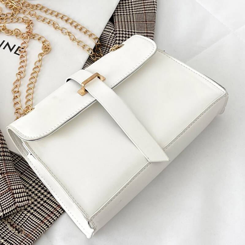 

Buckle Decor Flap Chain Bag, White