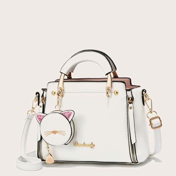 

Minimalist Letter Patch Top Handle Bag With Coin Case, White