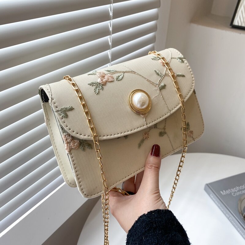 

Floral Embroidery Shoulder Bag, Beige