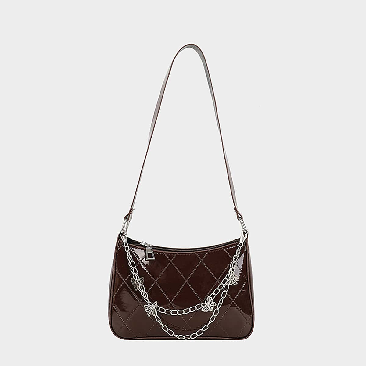 

Chain Butterfly Decor Quilted Shoulder Bag, Brown