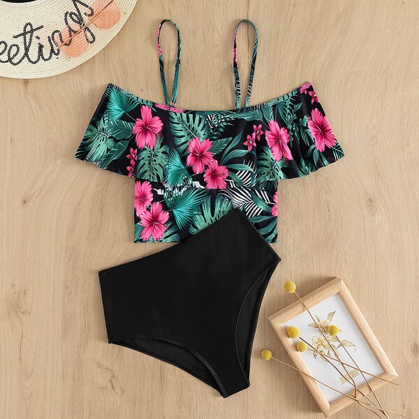 

Floral & Tropical Print Flounce Bikini Swimsuit, Multicolor