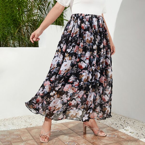 

Plus Allover Floral Flared Skirt, Multicolor