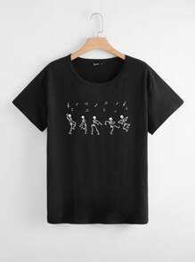 Camiseta estampado de esqueleto de manga corta - Negro - Ver 1