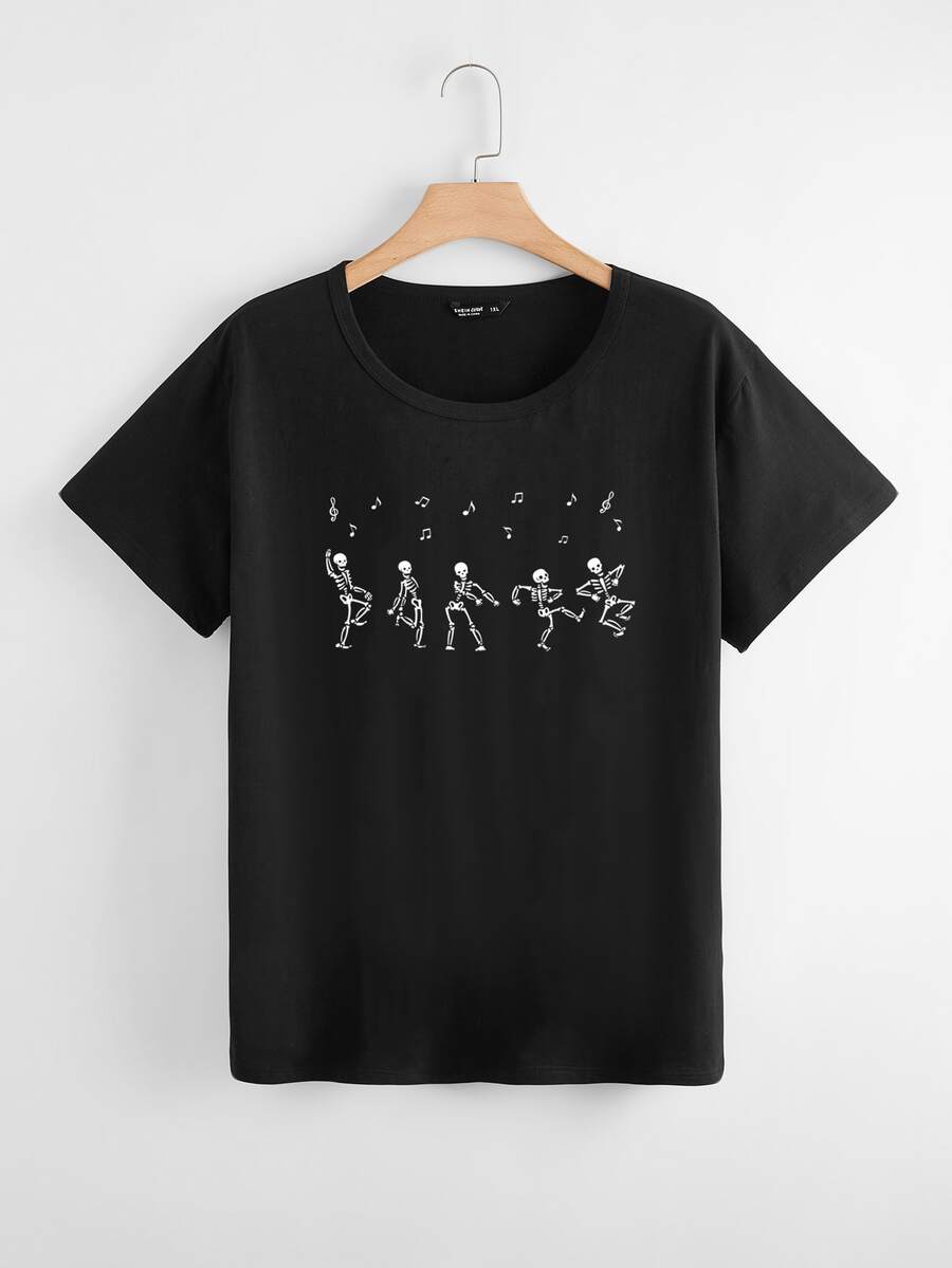 Camiseta estampado de esqueleto de manga corta - Negro - Ver 1