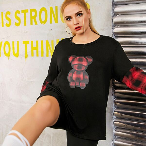

Plus Contrast Plaid & Bear Print Tee, Black