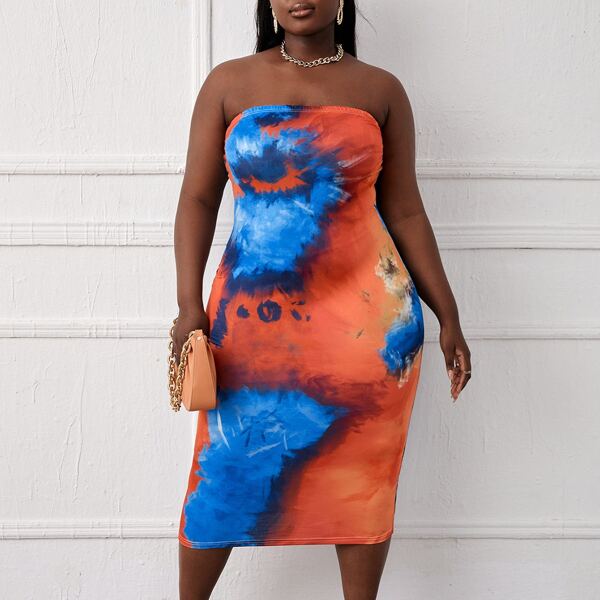 

Plus Tie Dye Tube Bodycon Dress, Blue