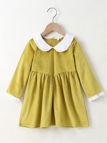 Toddler Girls Peter-pan Collar Button Back Velvet Dress - Mustard Yellow - View 1
