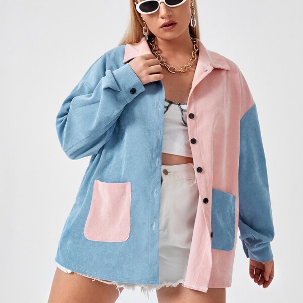 

Plus Colorblock Drop Shoulder Corduroy Jacket, Multicolor