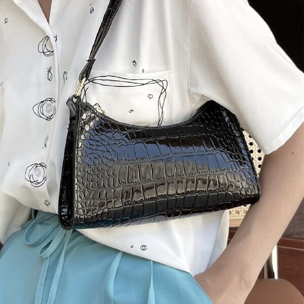 

Minimalist Croc Embossed Baguette Bag, Black
