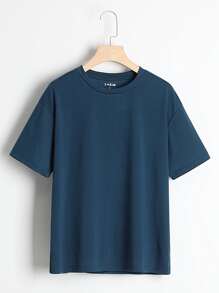 INAWLY Solid Drop Shoulder Tee - Navy Blue - View 1