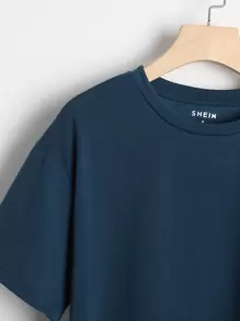 INAWLY Solid Drop Shoulder Tee - Navy Blue - View 4