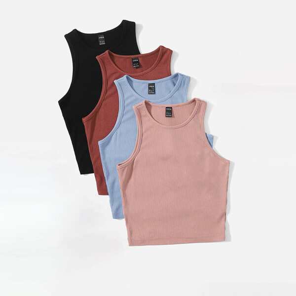 

4pcs Solid Rib Knit Tank Top, Multicolor