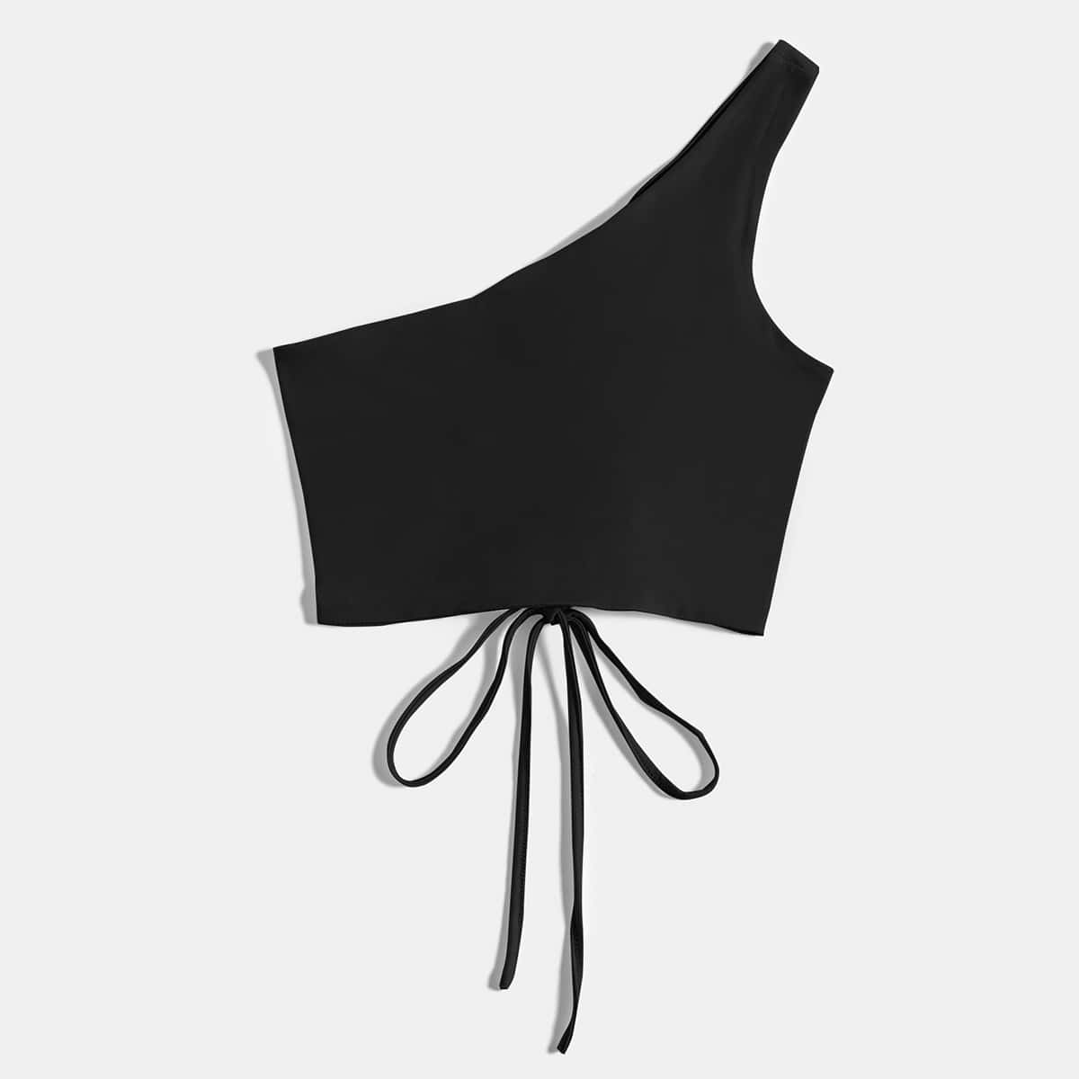 

Solid One Shoulder Lace Up Crop Top, Black