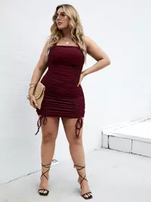 Calvaya Plus Drawstring Backless Bodycon Cami Dress - Maroon - View 3