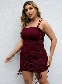 Calvaya Plus Drawstring Backless Bodycon Cami Dress - Maroon - View 4