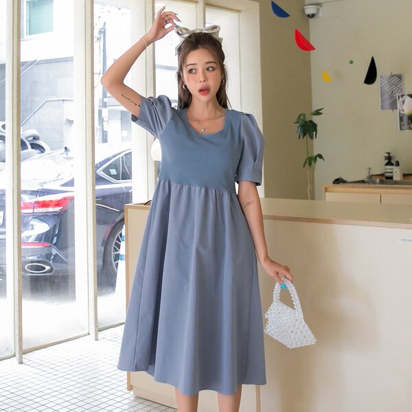 

Solid Puff Sleeve A-line Dress, Blue