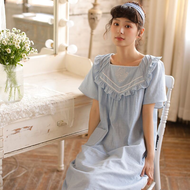 

Square Neck Ruffle Trim Night Dress, Dusty blue
