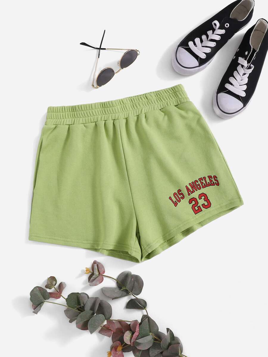 SHEIN Shorts track con estampado de letra - Verde Lima - Ver 1