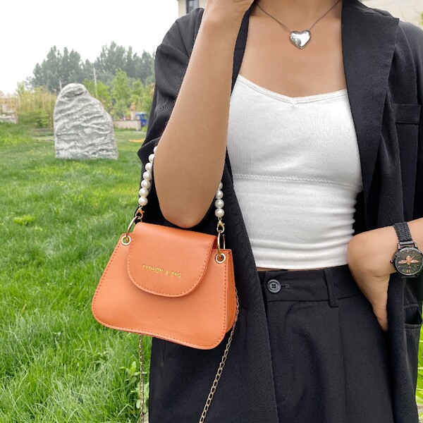 

Minimalist Faux Pearls Decor Satchel Bag, Orange