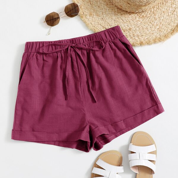 

Knot Waist Cuffed Hem Solid Shorts, Red violet