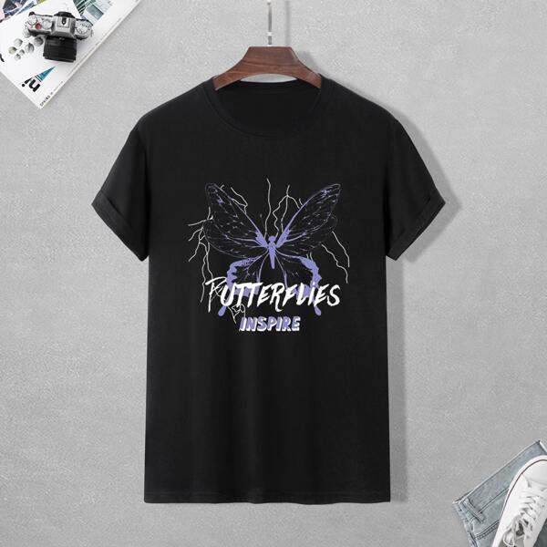 

Men Letter & Butterfly Print Tee, Black
