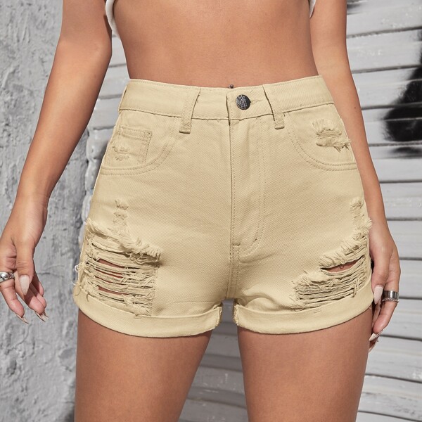 

Ripped Roll Up Hem Denim Shorts, Khaki