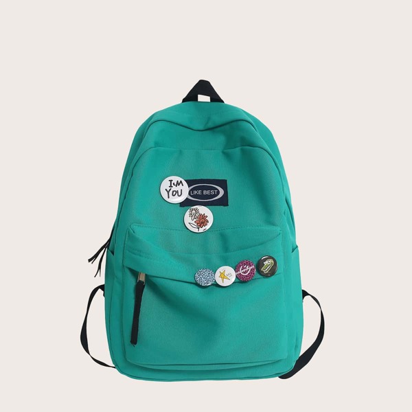

Badge Decor Pocket Front Classic Backpack, Green