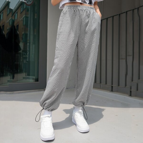 

Gingham Print Drawstring Pants, Black and white