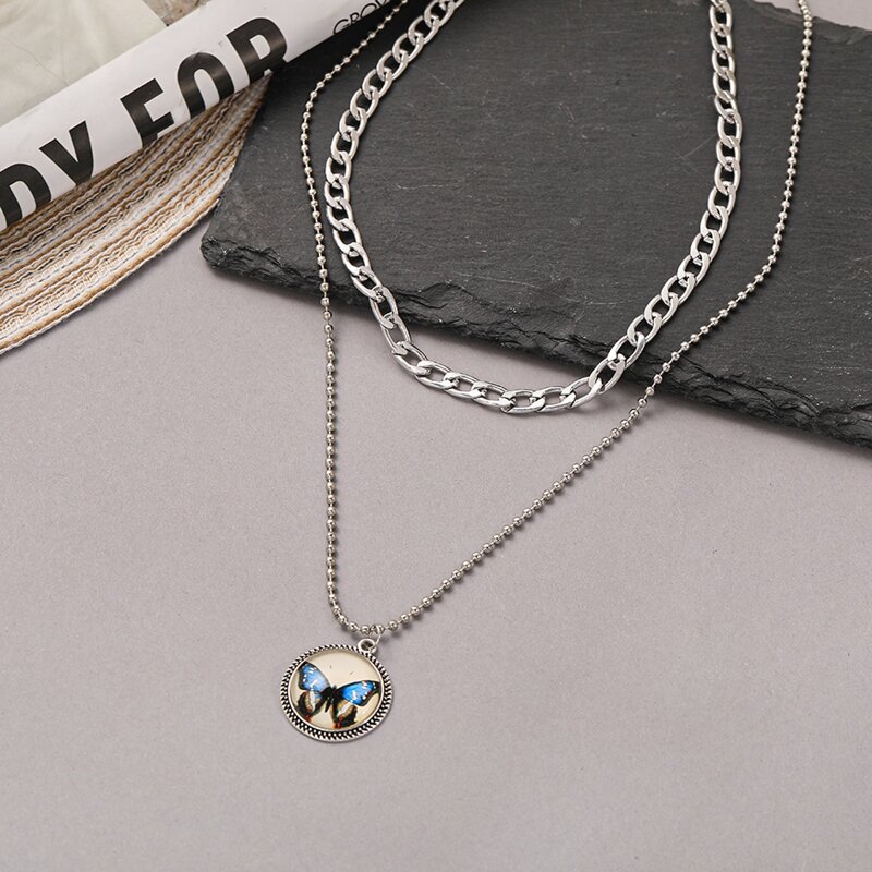 

Butterfly Print Round Pendant Layered Necklace, Silver