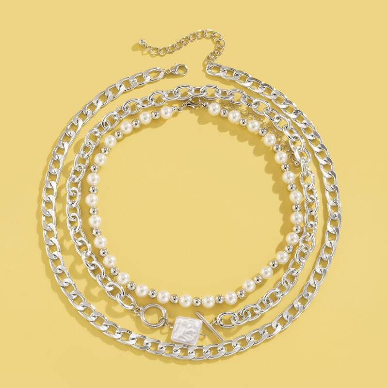 

3pcs Faux Pearl Chain Necklace, Silver