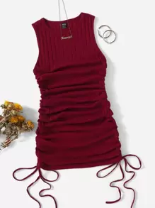 SHEIN EZwear Vestido ajustado con cordón lateral fruncido - Burdeos - Ver 1