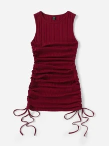 SHEIN EZwear Vestido ajustado con cordón lateral fruncido - Burdeos - Ver 3