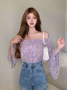 Ditsy Floral Bell Sleeve Crop Top - Lilac Purple - View 1