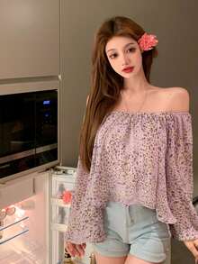 Ditsy Floral Bell Sleeve Crop Top - Lilac Purple - View 2