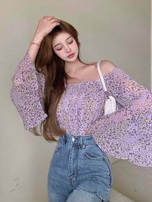 Ditsy Floral Bell Sleeve Crop Top - Lilac Purple - View 3